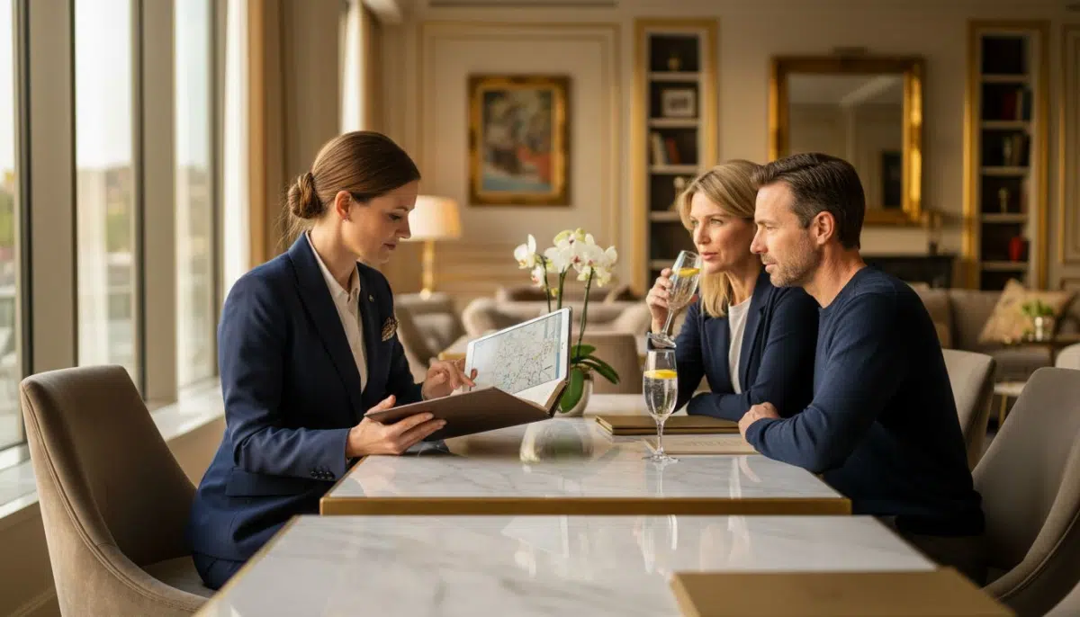 Concierge planning luxury trip with couple