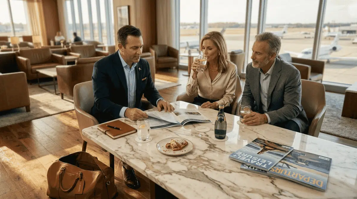 Luxury advisor consulting clients in airport lounge