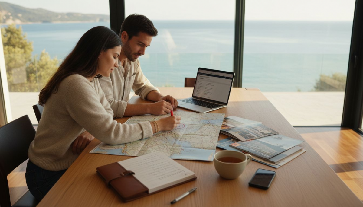 Couple planning luxury honeymoon at sunlit table