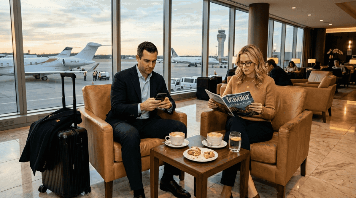 Couple relaxes in premium airport lounge