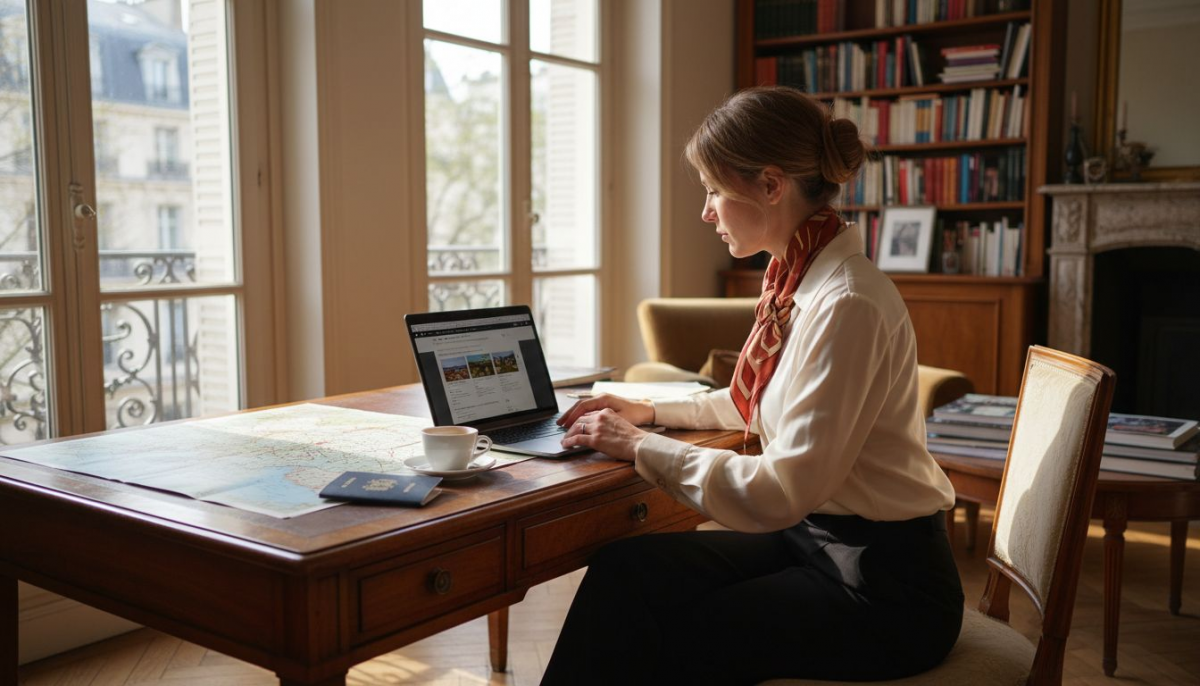 Woman planning luxury trip at Paris desk