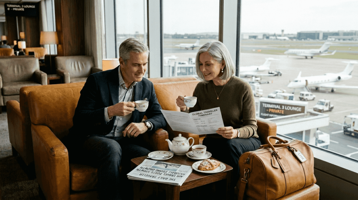 Luxury travelers relaxing in airport lounge