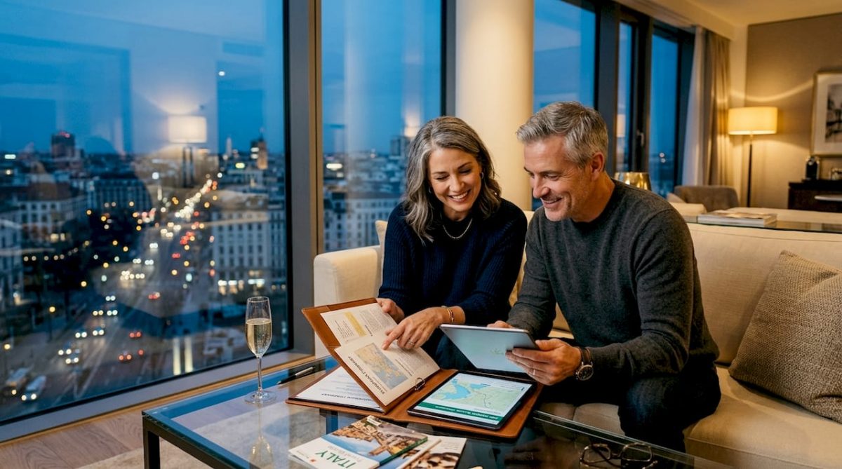 Couple reviewing luxury travel plans in suite