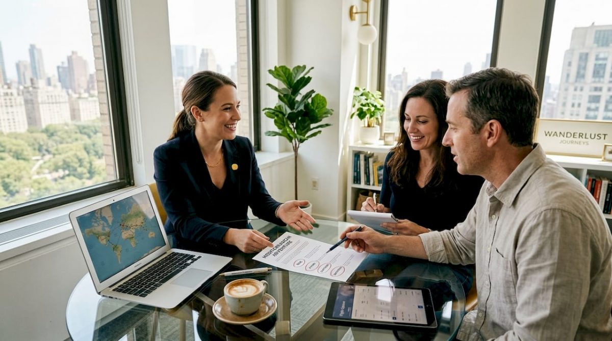 Travel advisor reviews luxury itinerary with clients