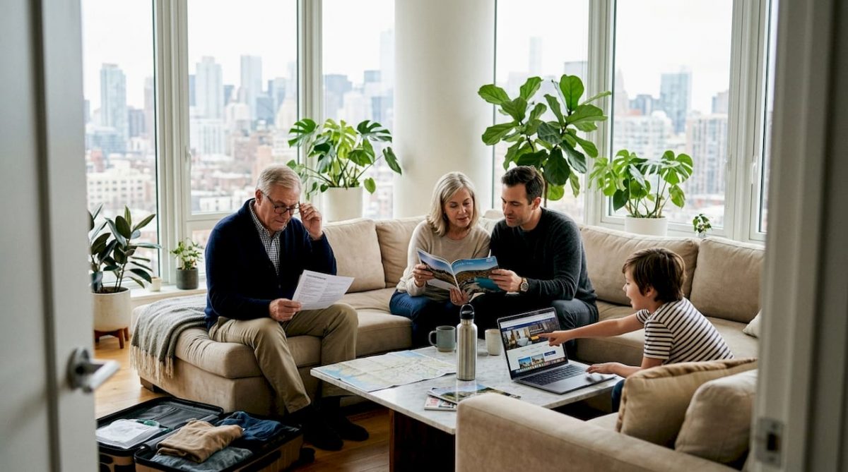 Family planning luxury vacation in living room