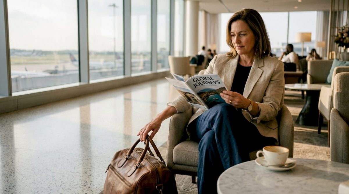 Traveler reading in exclusive airport lounge