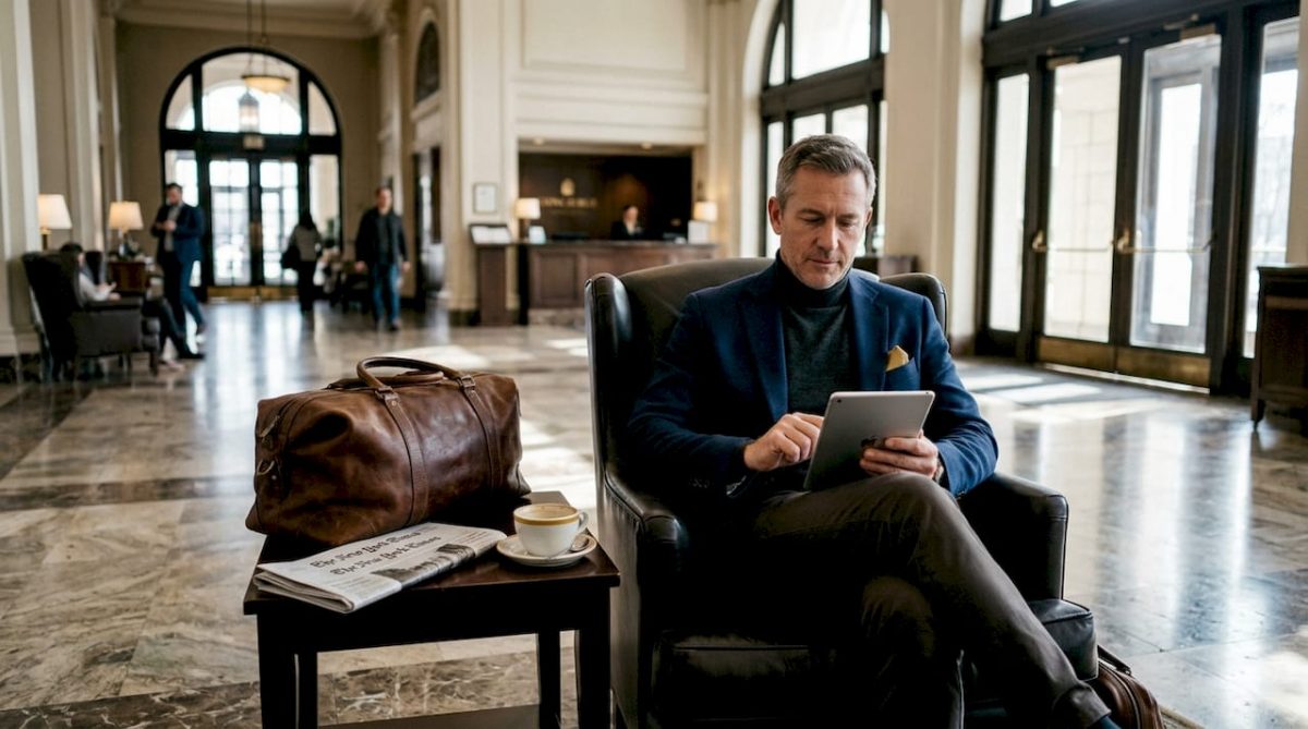 Traveler using tablet in luxury hotel lobby