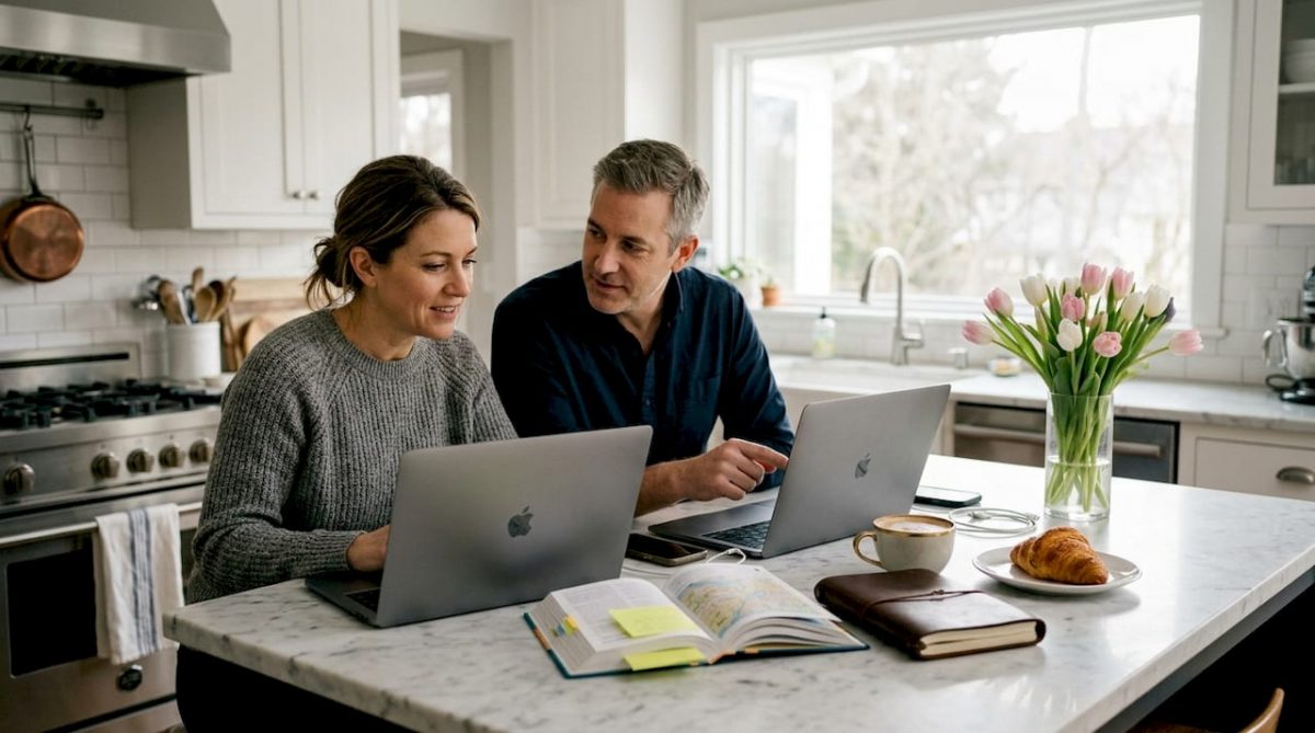 Couple reviewing luxury travel plans at kitchen island