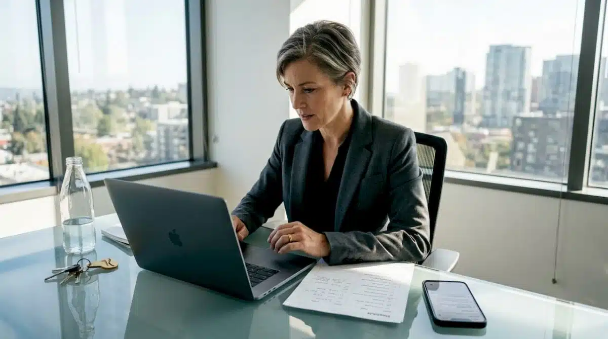 Executive planning travel itinerary in office