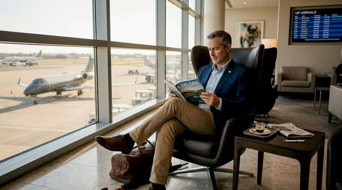 Traveler in luxury airport lounge reading magazine