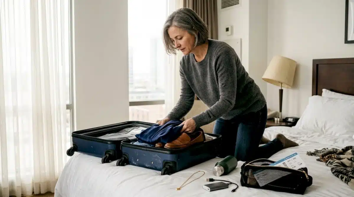 Woman packing curated luxury travel essentials