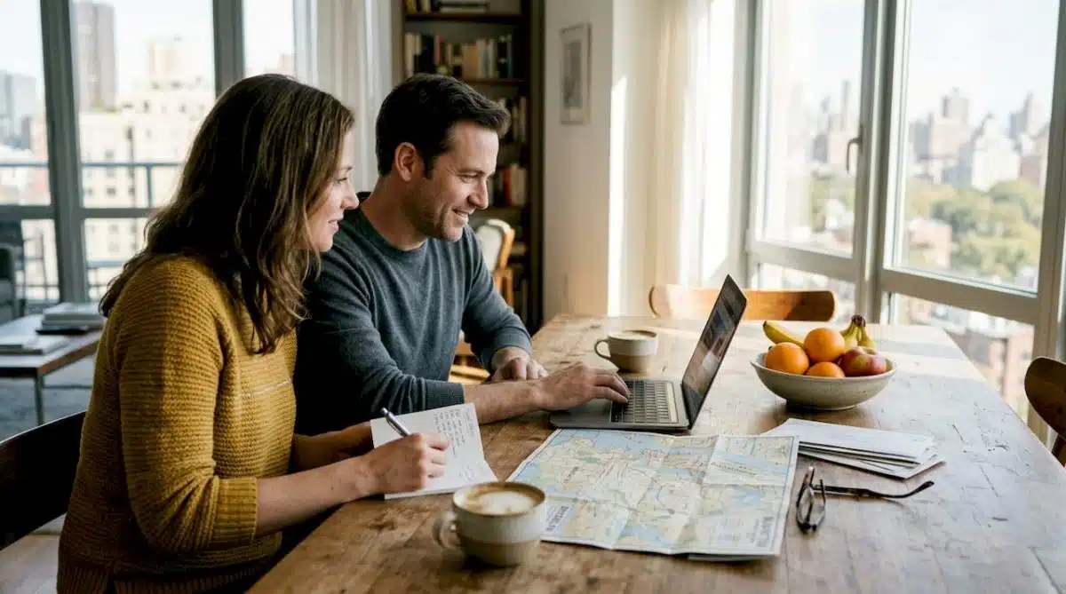 Couple planning luxury travel at home table