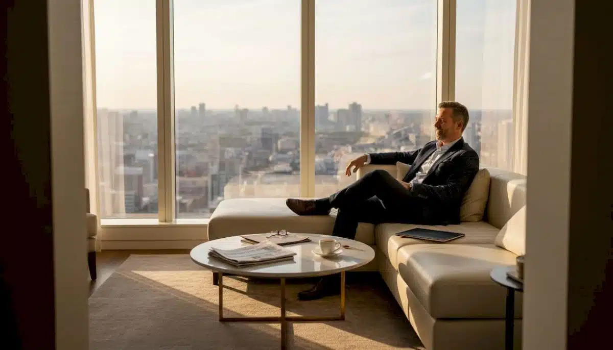 Business traveler relaxing in bright hotel suite