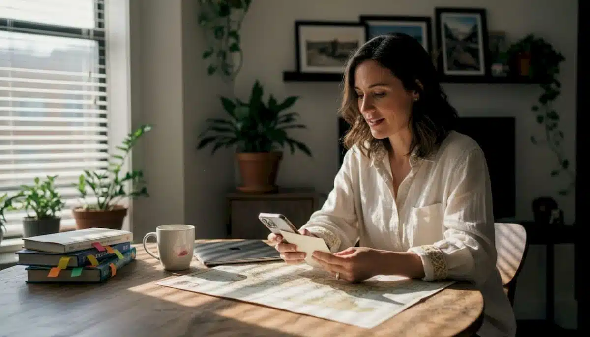 Travel curator reviewing itinerary at dining table