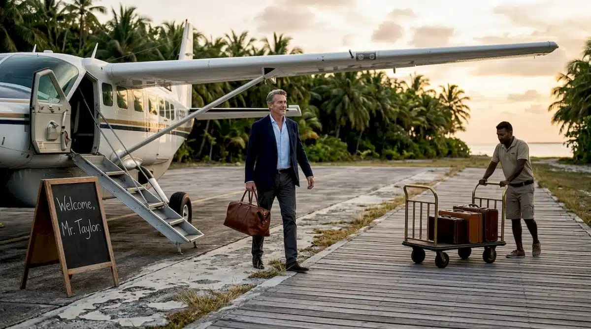 Traveler arriving at secluded luxury destination