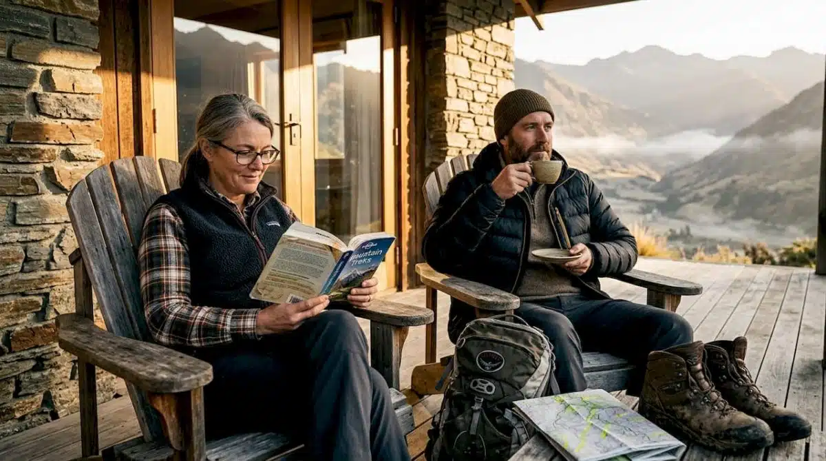 Travelers on private mountain lodge deck
