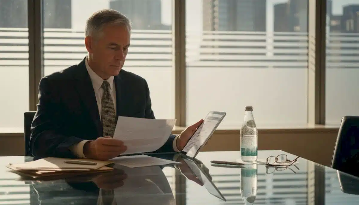 Executive planning business trip at office table