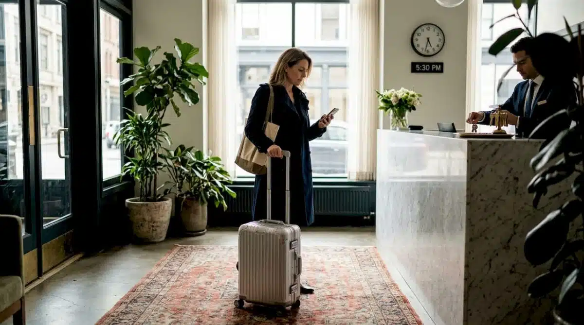 Traveler entering elegant hotel lobby naturally