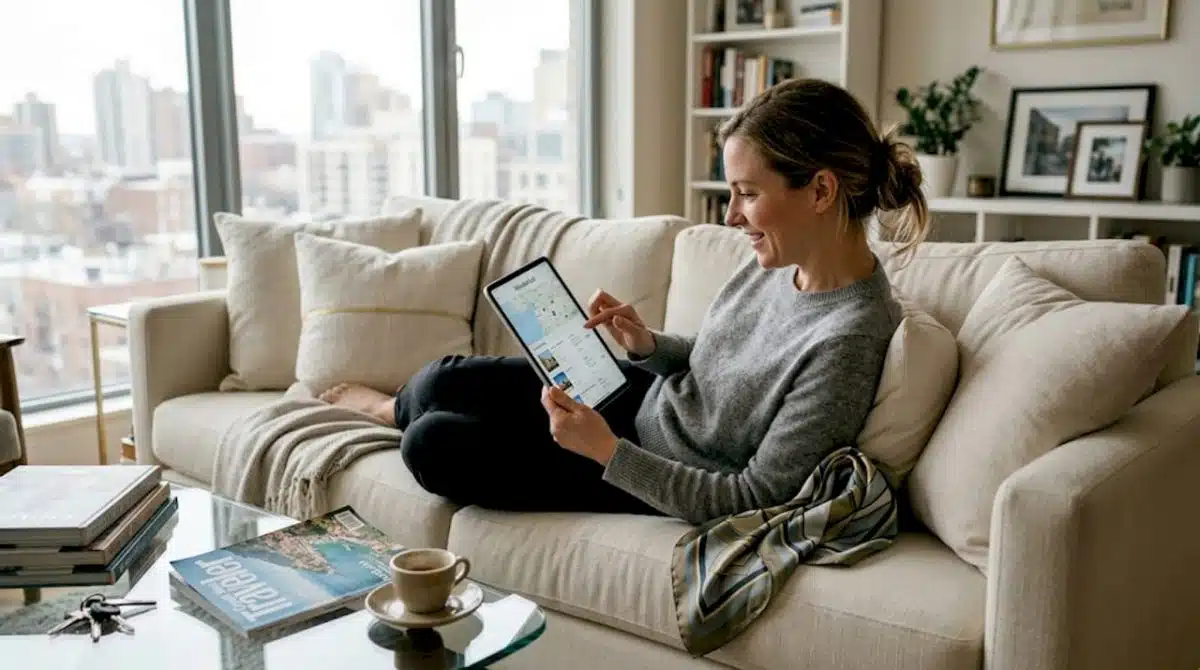 Woman planning luxury travel with tablet at home