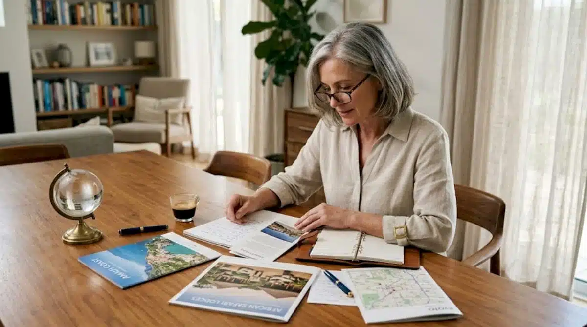 Woman planning luxury excursions at dining table