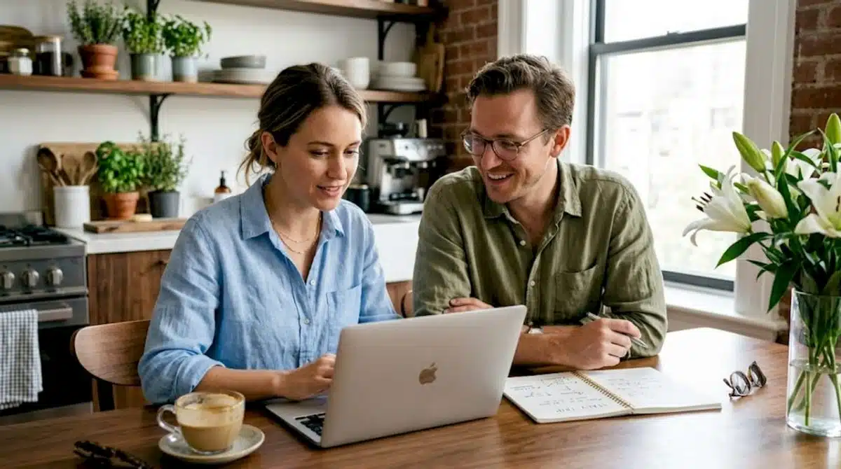 Couple planning honeymoon at kitchen table