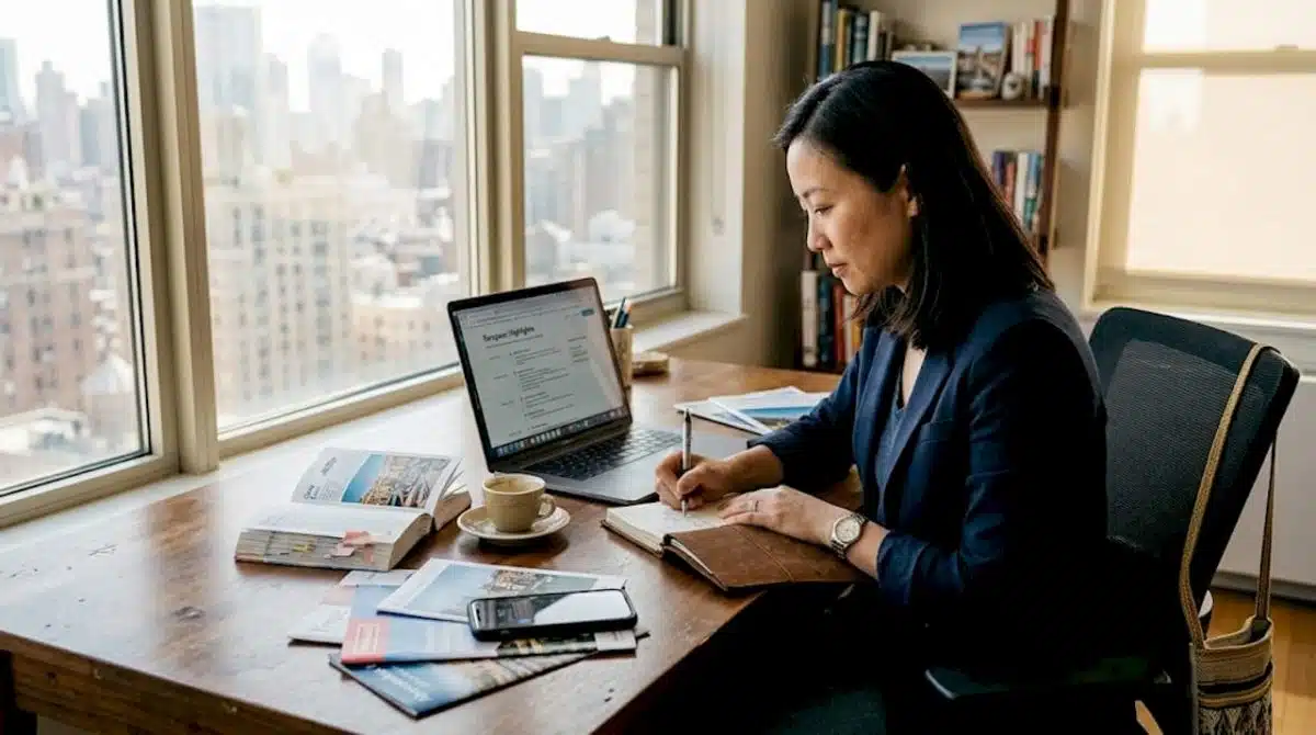 Travel advisor planning bespoke itinerary at desk