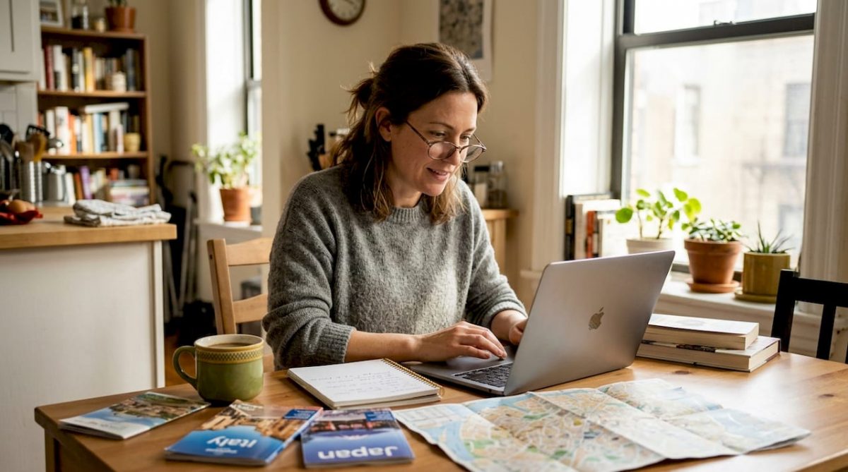Woman planning personalized travel at kitchen table
