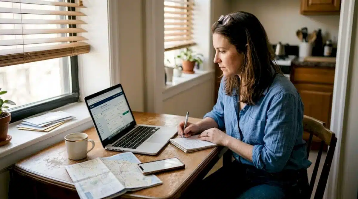 Woman researching travel options at home kitchen table