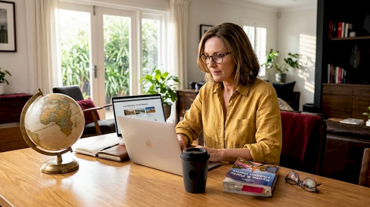 Woman planning luxury travel at home table