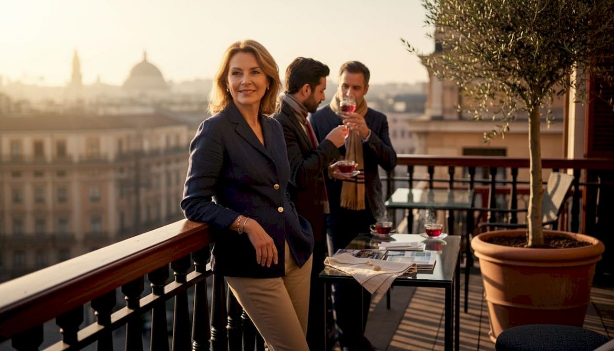 Small group travelers relax on hotel terrace