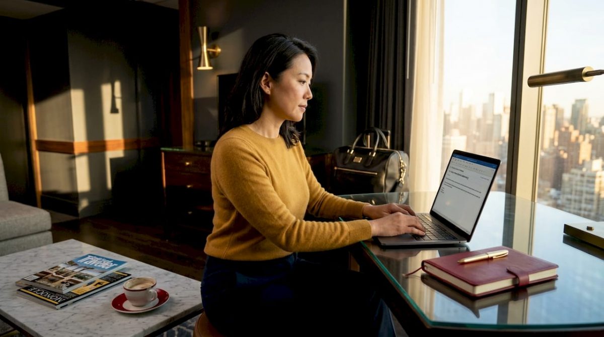 Guest working at hotel desk, city view