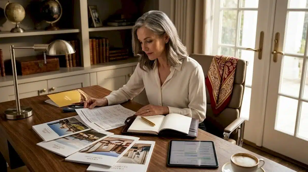 Woman reviewing luxury travel itinerary at home desk