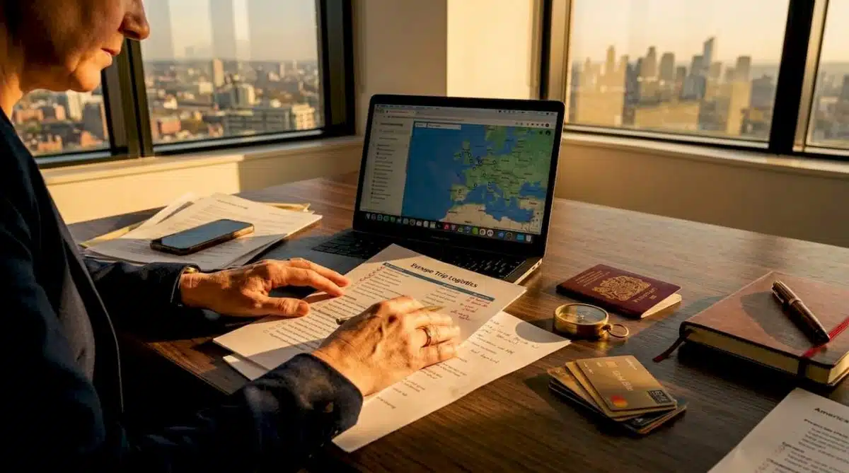 Executive planning trip at office desk