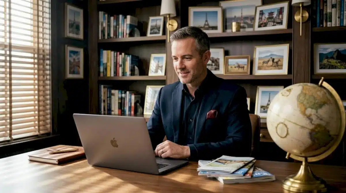 Luxury travel advisor in home office planning trip
