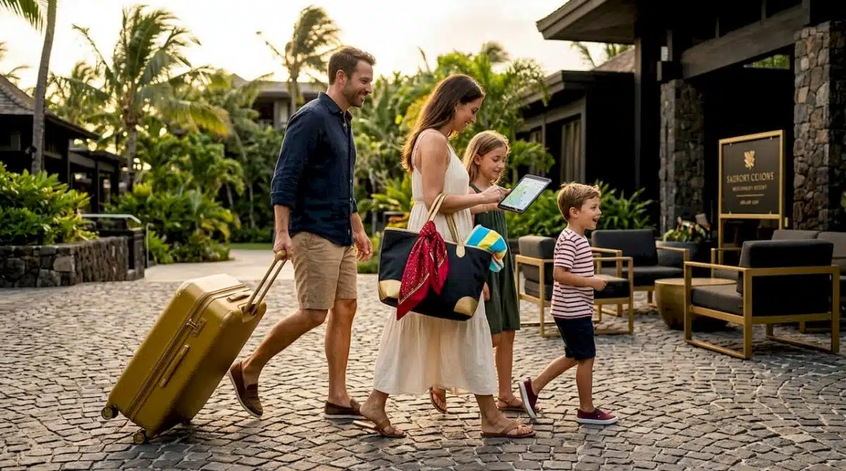 Family arriving with luggage at luxury resort lobby