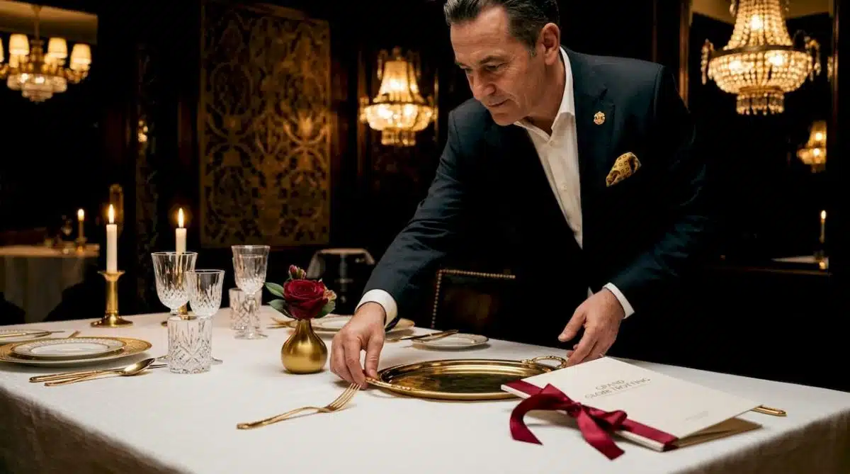 Maître d’ preparing elegant private dining table