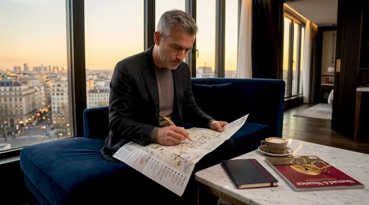 Traveler reviewing hotel options in luxury suite