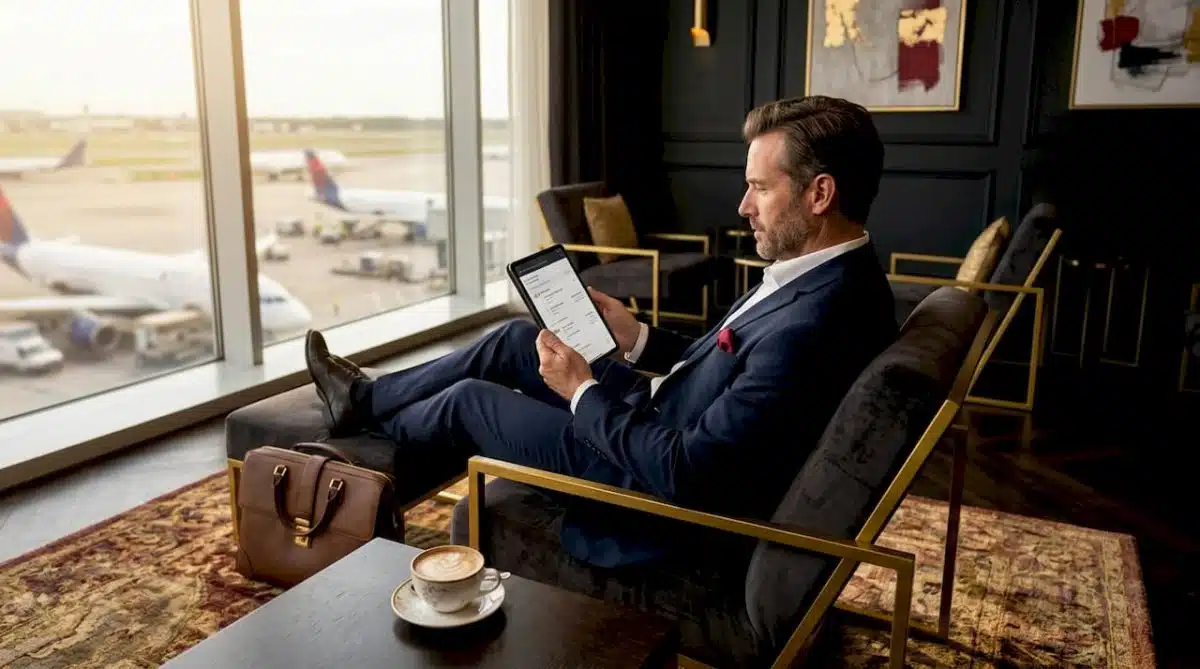 Luxury traveler reviews digital itinerary in airport lounge