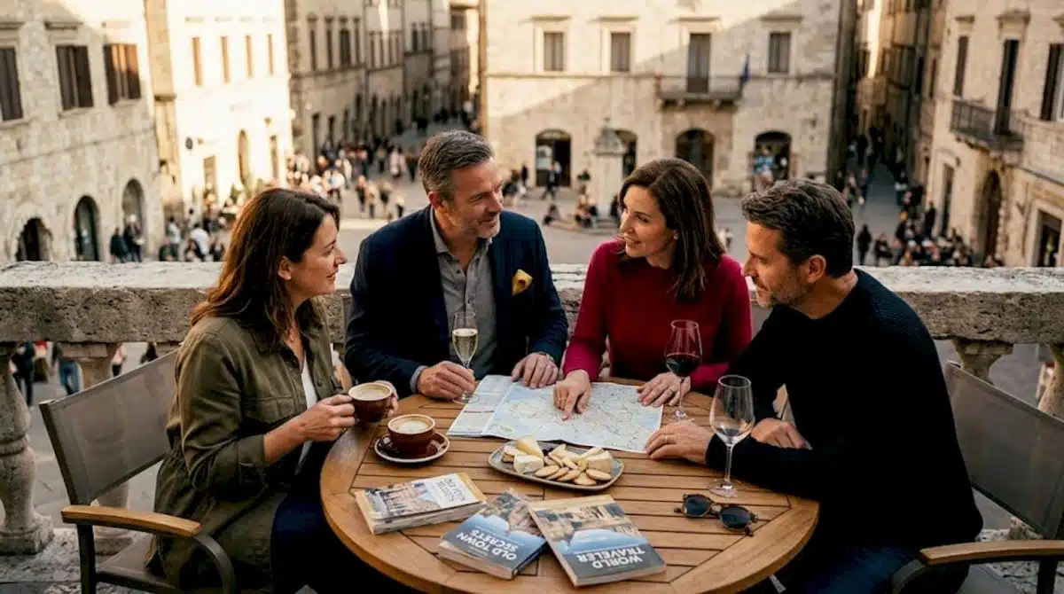 Adults planning private group tour on terrace