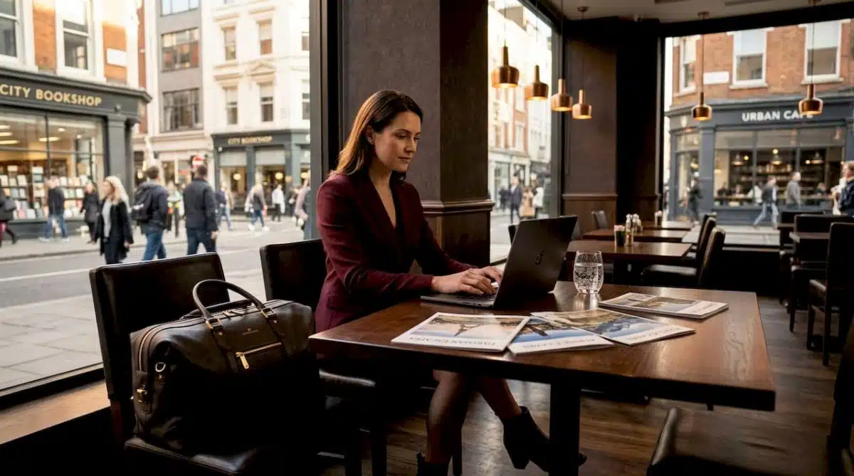 Business traveler working in airport lounge