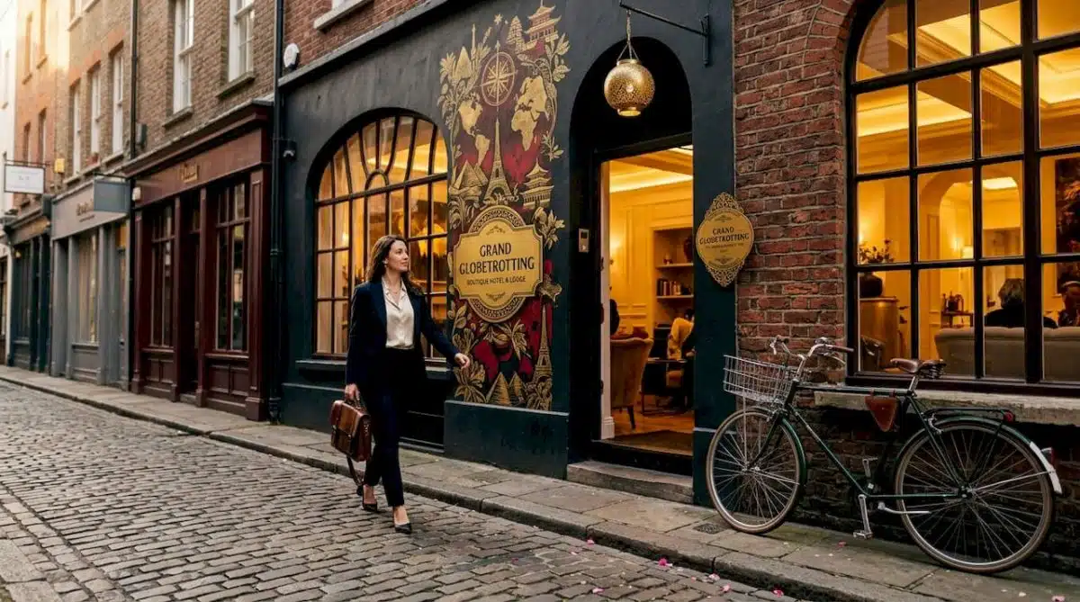 Traveler approaching boutique hotel on city street