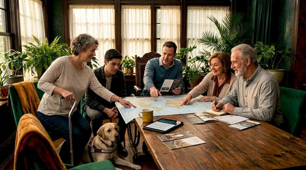 Diverse group planning accessible travel together