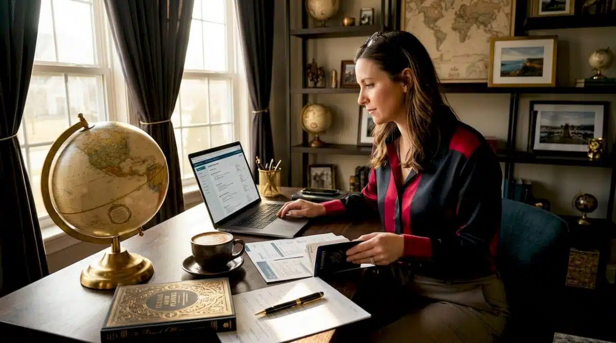 Travel consultant planning trips in home office