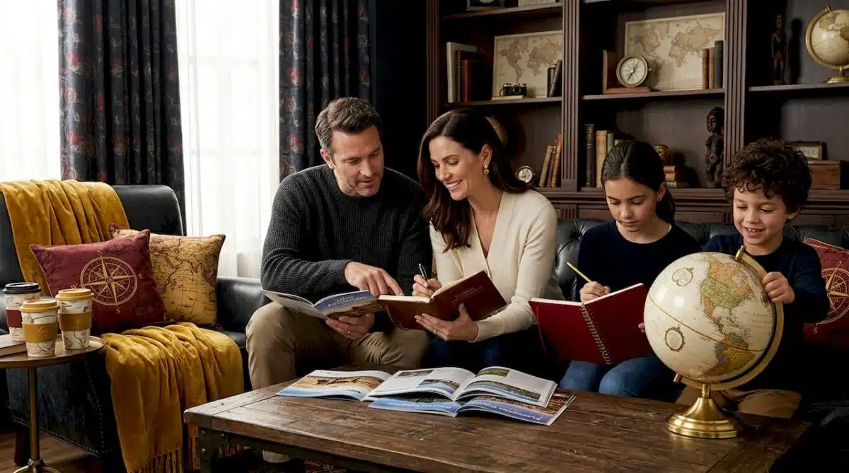 Family planning vacation in cozy living room