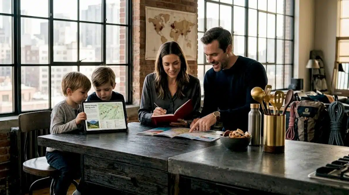 Family planning outdoor adventure at kitchen table