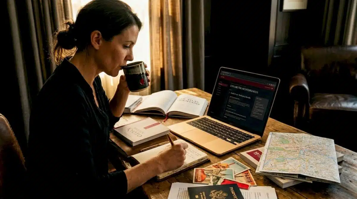 Travel advisor planning with laptop and guidebooks