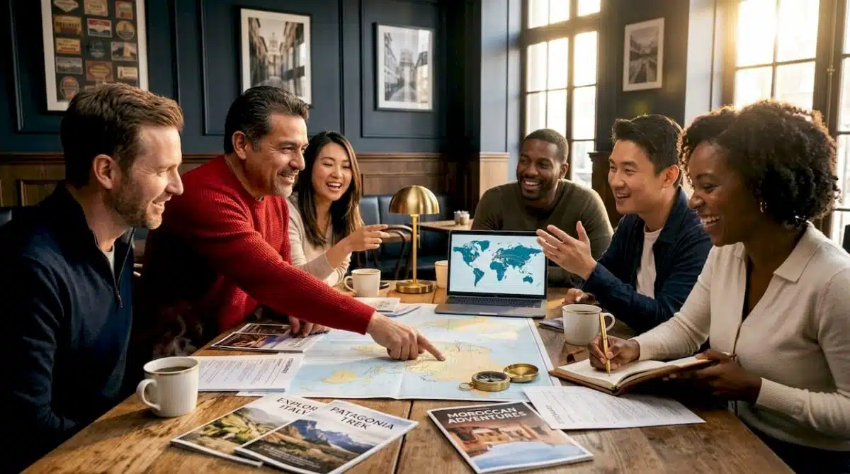 Group planning travel around table