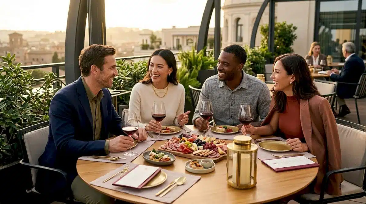 Business professionals dining in private corporate setting