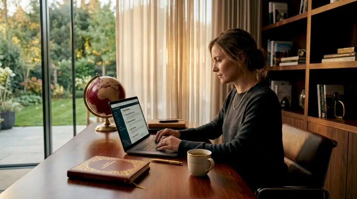 Woman planning luxury solo travel at home desk