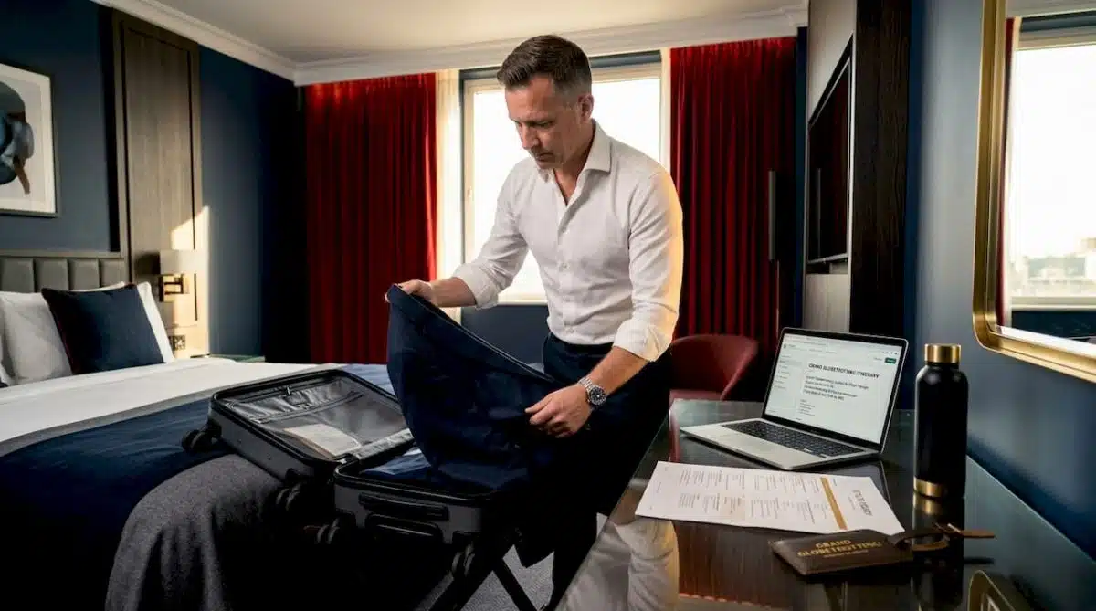 Businessman packing suitcase in hotel room